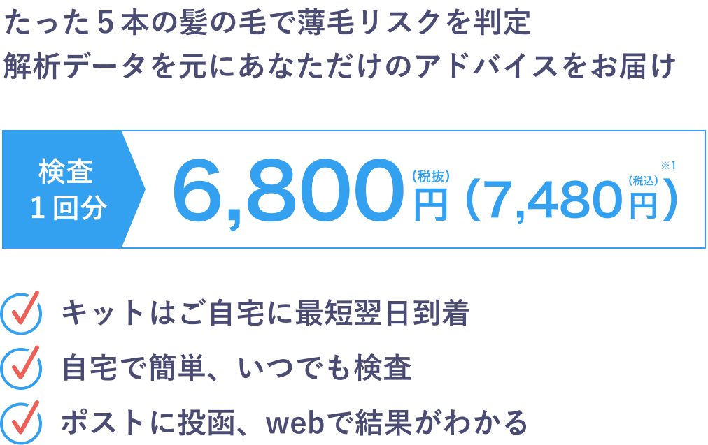 たった５本の髪の毛で薄毛リスクを判定解析データを元にあなただけのアドバイスをお届け | 検査1回分 6,800円（税抜）（7,480円（税込））※1 | ・キットはご自宅に最短翌日到着・自宅で簡単、いつでも検査・ポストに投函、webで結果がわかる