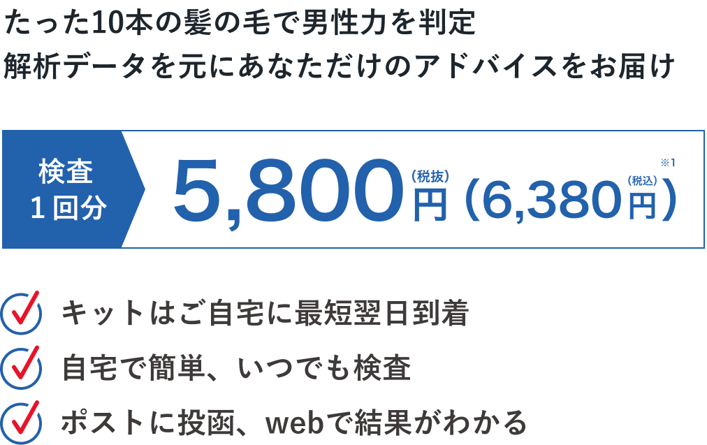 たった10本の髪の毛で男性力を判定解析データを元にあなただけのアドバイスをお届け | 検査1回分 5,800円（税抜）（6,380円（税込））※1 | ・キットはご自宅に最短翌日到着・自宅で簡単、いつでも検査・ポストに投函、webで結果がわかる