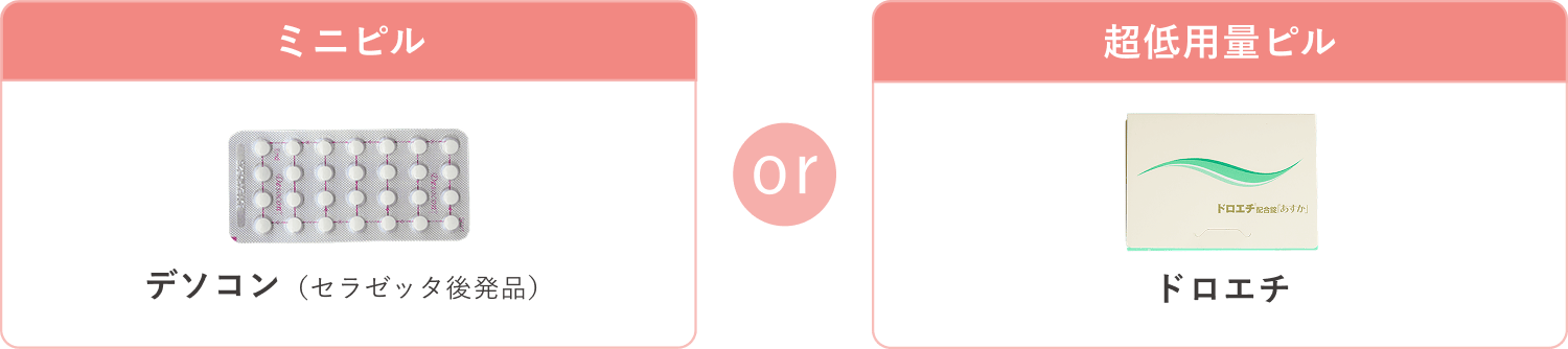 ミニピル デソコン（セラゼッタ後発品） OR 超低用量ピル ドロエチ