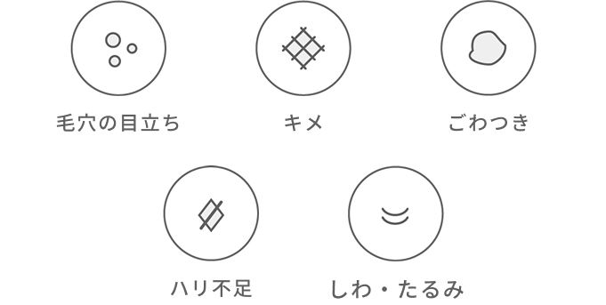 毛穴の目立ち、キメ、ごわつき、ハリ不足、しわ・たるみ