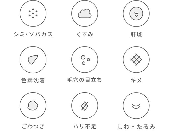シミ・ソバカス、くすみ、肝斑、色素沈着、毛穴の目立ち、キメ、ごわつき、ハリ不足、しわ・たるみ