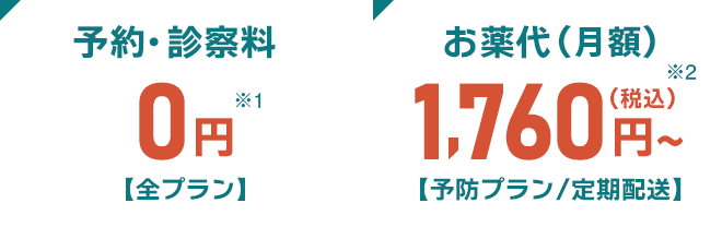 予約・診察料0円【全プラン】 お薬代(月額)1,760円(税込)~【予防プラン/定期配送】