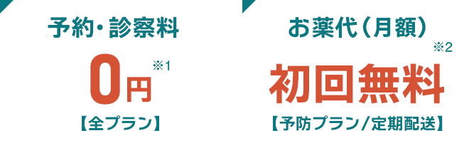 予約・診察料0円【全プラン】 お薬代(月額)初回無料【予防プラン/定期配送】