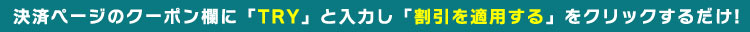 決済ページのクーポン欄に「TRY」と入力し「割引を適用する」をクリックするだけ!