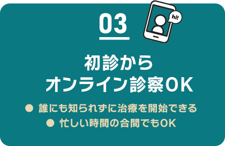 03 初診からオンライン診察OK/誰にも知られずに治療を開始できる/忙しい時間の合間でもOK