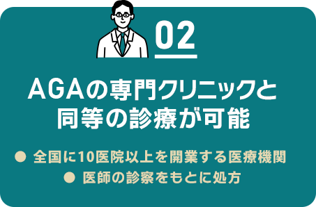 02 AGAの専門クリニックと同等の理療が可能/全国に10医院以上を開業する医療機関/医師の診察をもとに処方