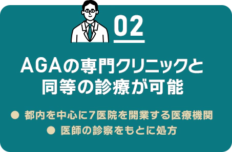 02 AGAの専門クリニックと同等の理療が可能/都内を中心に7医院を開業する医療機関/医師の診察をもとに処方