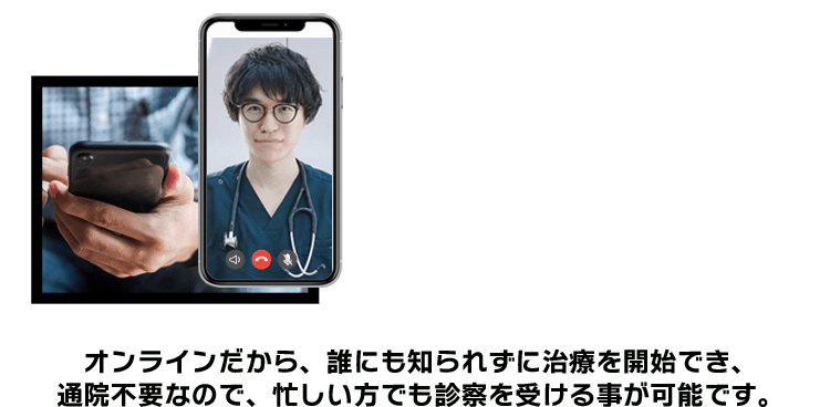 オンラインだから、誰にも知られずに治療を開始でき、通院不要なので、忙しい方でも診察を受ける事が可能です。