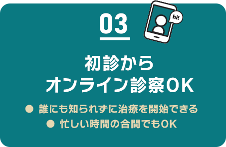 03 初診からオンライン診察OK/誰にも知られずに治療を開始できる/忙しい時間の合間でもOK