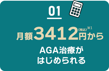 01 月額3412円 (税込)からAGA治療がはじめられる