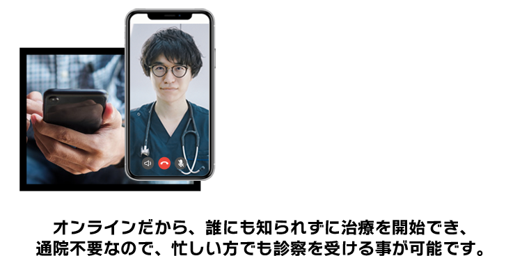 オンラインだから、誰にも知られずに治療を開始でき、通院不要なので、忙しい方でも診察を受ける事が可能です。