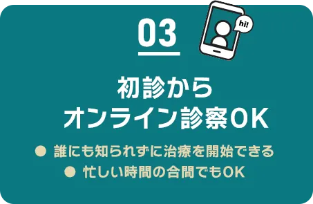 03 初診からオンライン診察OK/誰にも知られずに治療を開始できる/忙しい時間の合間でもOK