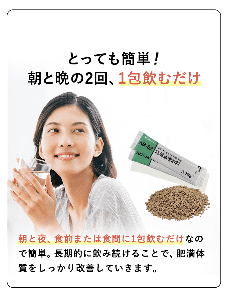 朝と晩の2回、1包飲むだけ