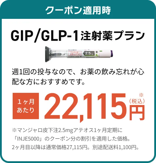クーポン適用時、GIP/GLP-1注射薬プラン1ヶ月あたり22,115円。2ヶ月目以降は通常価格27,115円。別途配送料1,100円。