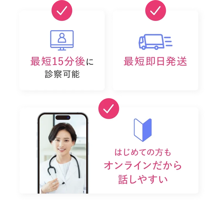 最短15分後に診察可能 最短即日発送 はじめての方もオンラインだから話しやすい