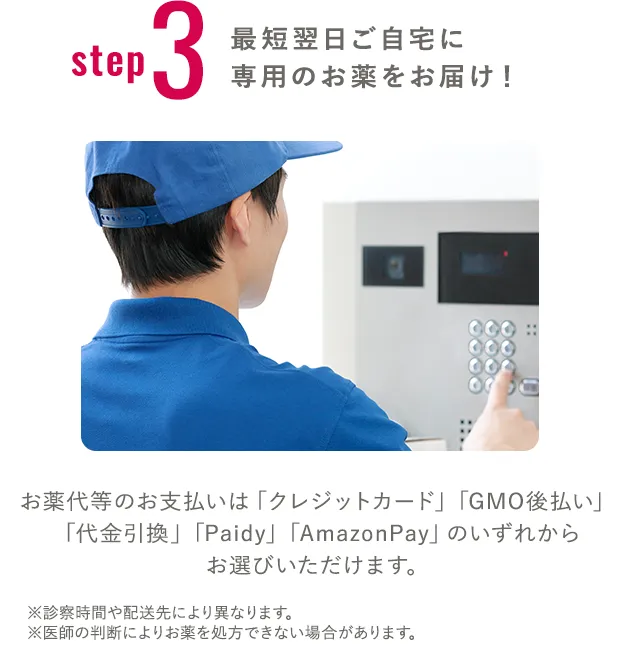 step3 最短翌日ご自宅に専用のお薬をお届け！