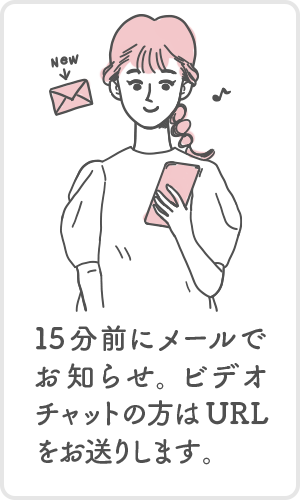 15分前にメールでお知らせ、ビデオチャットの方はURLをお送りします。