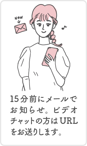 15分前にメールでお知らせ、ビデオチャットの方はURLをお送りします。