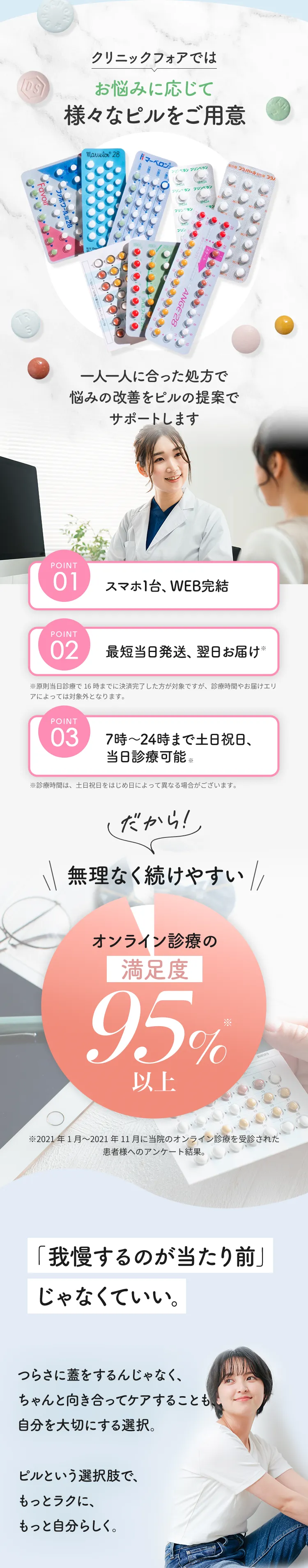 お悩みに応じて様々なピルをご用意