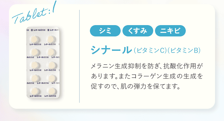 Tablet:1 シミ くすみ ニキビ シナール（ビタミンC）（ビタミンB） メラニン生成抑制を防ぎ、抗酸化作用があります。またコラーゲン生成の生成を促すので、肌の弾力を保てます。