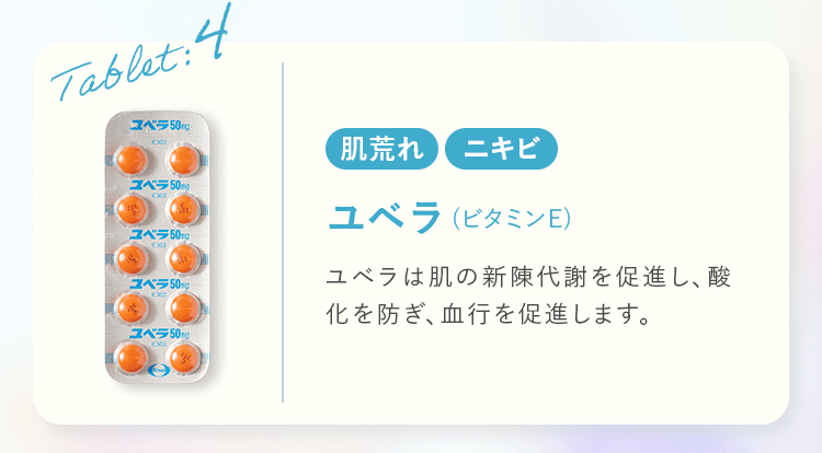 Tablet:4 肌荒れ ニキビ ユベラ（ビタミンE） ユベラは肌の新陳代謝を促進し、酸化を防ぎ、血行を促進します。