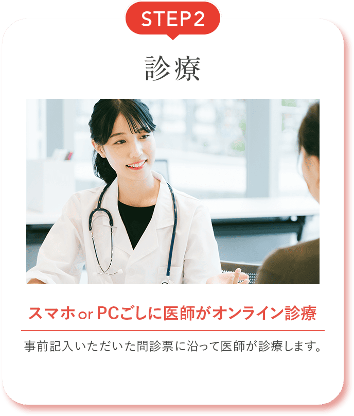 STEP2 診療 スマホorPCごしに医師がオンライン診療 事前記入いただいた問診票に沿って医師が診療します。