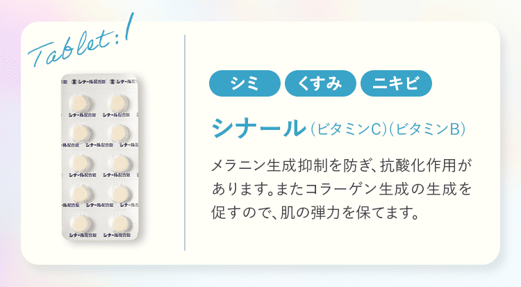 Tablet:1 シミ くすみ ニキビ シナール（ビタミンC）（ビタミンB） メラニン生成抑制を防ぎ、抗酸化作用があります。またコラーゲン生成の生成を促すので、肌の弾力を保てます。