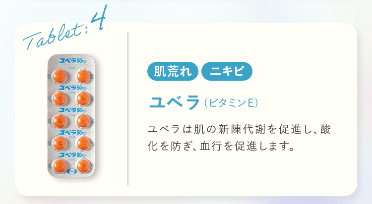 Tablet:4 肌荒れ ニキビ ユベラ（ビタミンE） ユベラは肌の新陳代謝を促進し、酸化を防ぎ、血行を促進します。