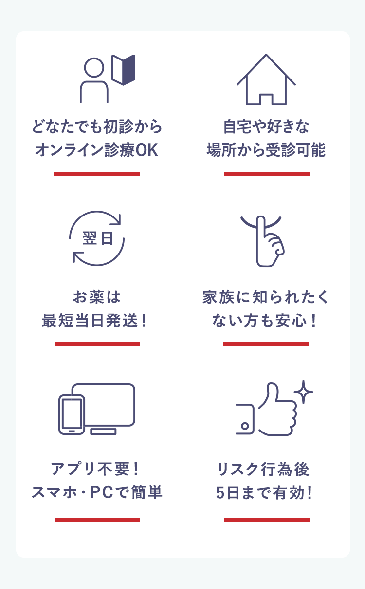 どなたでも初診からオンライン診療OK | 自宅や好きな場所から受診可能 | お薬は最短当日発送 | 家族に知られたくない方も安心 | アプリ不要！スマホ・PCで簡単 | リスク行為後5日まで有効