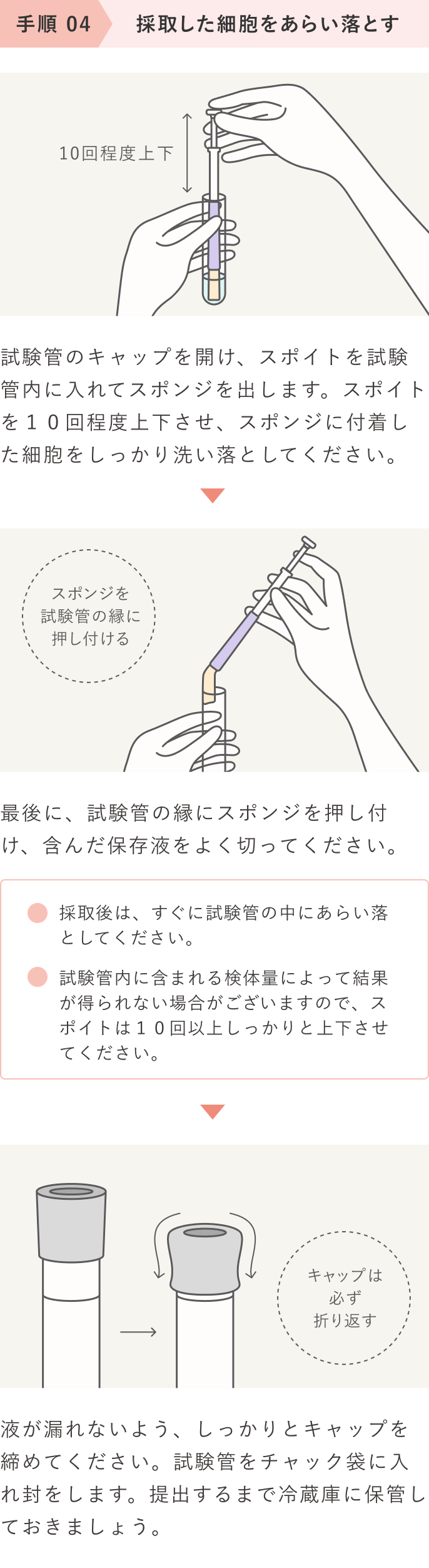 手順04 採取した細胞を試験管にあらい落とす