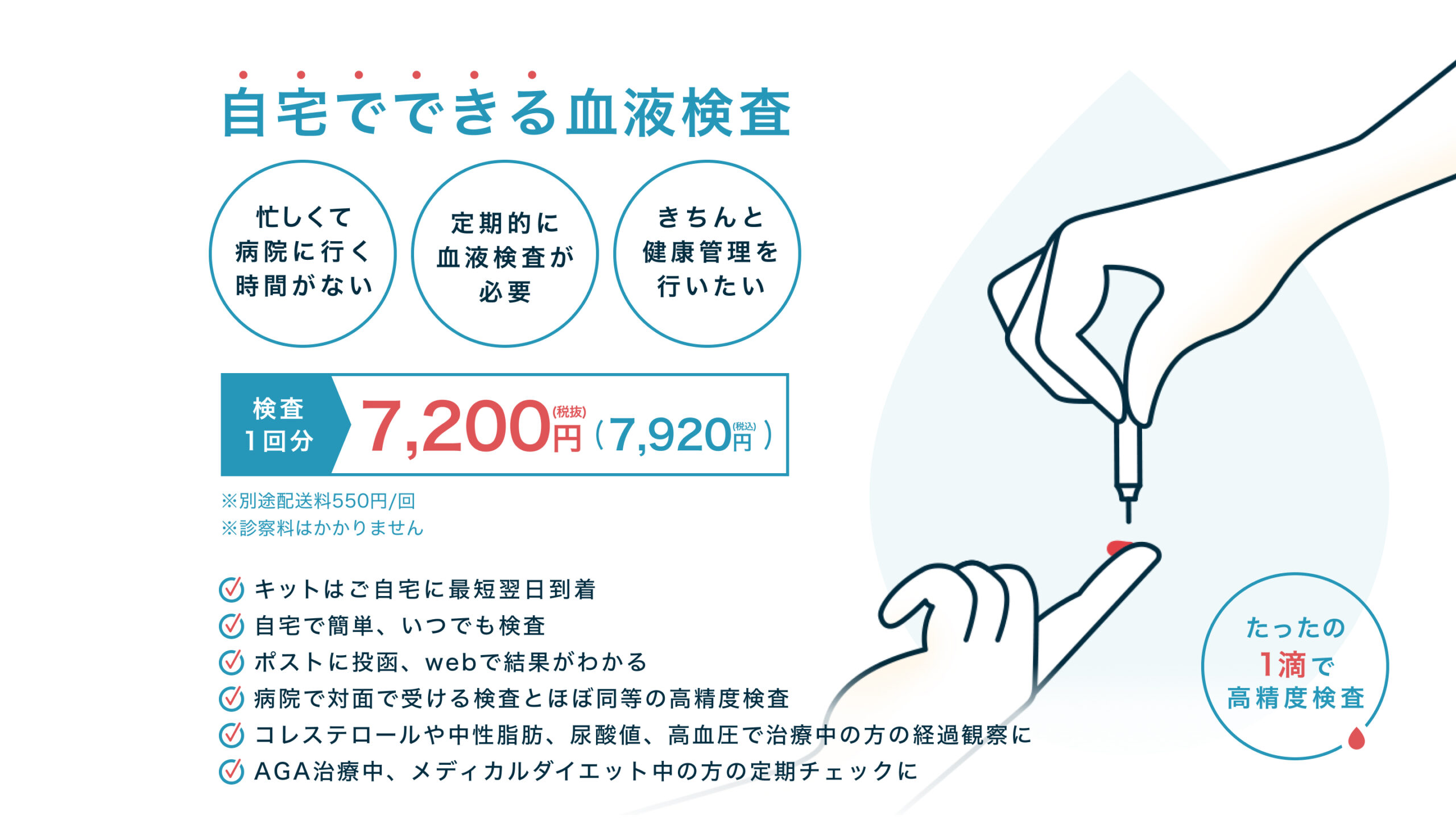 自宅でできる血液検査 | 忙しくて病院に行く時間がない・定期的に血液検査が必要・がんのリスクを確認したい | 検査1回分 キャンペーン価格 3,000円（税込 3,300円）※通常価格は7,200円（税込 7,920円）でお届け ※ご応募多数の場合は一定数に達した時点で終了とさせていただきます。 | キットはご自宅に最短翌日到着・自宅で簡単、いつでも検査・ポストに投函、webで結果がわかる・病院とほぼ同等の高精度検査 | 子宮頸がんはHPVワクチンで予防可能な病気です。HPVワクチンはクリニックフォアグループで接種できます。