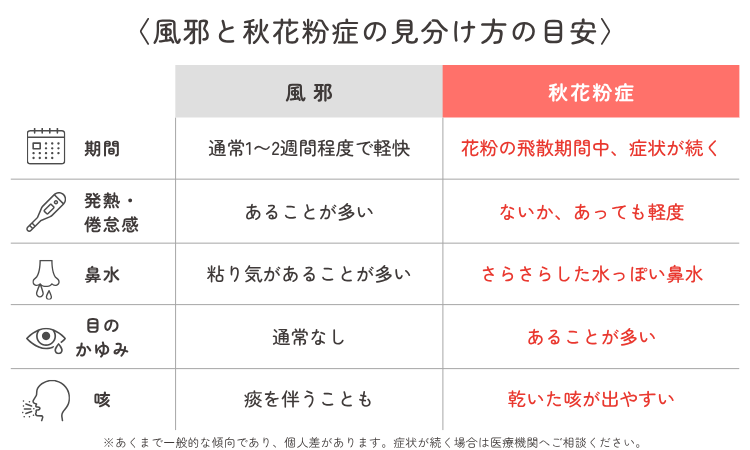 風邪と秋花粉症の見分け方を比較した表。期間は、風邪が通常1〜2週間程度で軽快するのに対し、秋花粉症は花粉の飛散期間中は症状が続く。発熱・倦怠感は、風邪はあることが多く、秋花粉症はないか、あっても軽度。鼻水は、風邪は粘り気があることが多く、秋花粉症はさらさらした水っぽい鼻水。目のかゆみは、風邪は通常なし、秋花粉症はあることが多い。咳は、風邪は痰を伴うこともあり、秋花粉症は乾いた咳が出やすい。